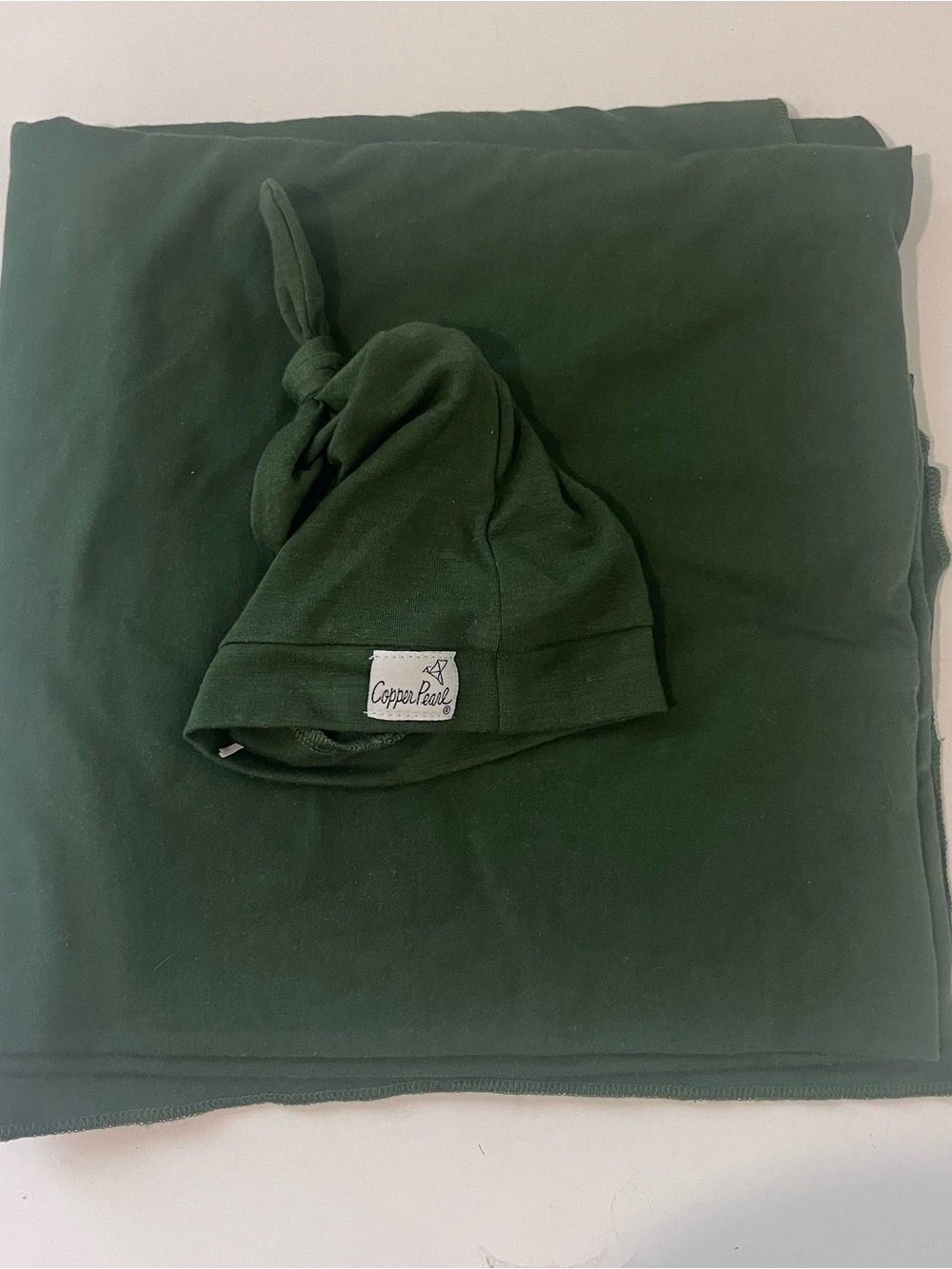 Copper Pearl Forest Green Baby Knot Hat and swaddle blanket